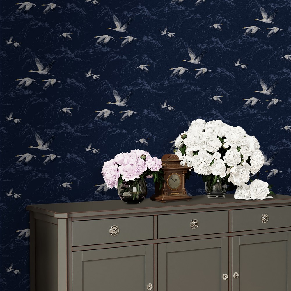 Animalia Bird Wallpaper 114894 by Laura Ashley in Midnight Blue